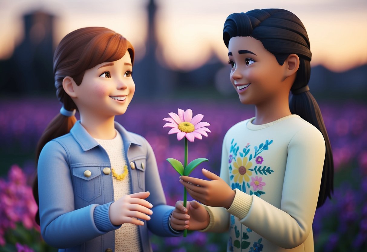 A smiling sim offers a flower to another sim, gesturing to be flower pals