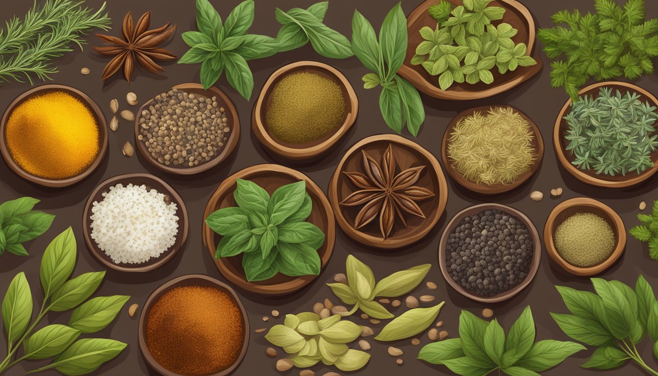 A variety of rare and regional herbs and spices arranged on a wooden cutting board