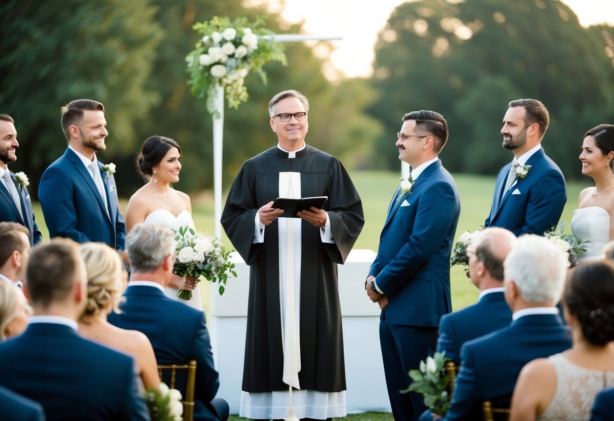 The officiant stands at the center of the wedding party, overseeing the ceremony with authority and grace