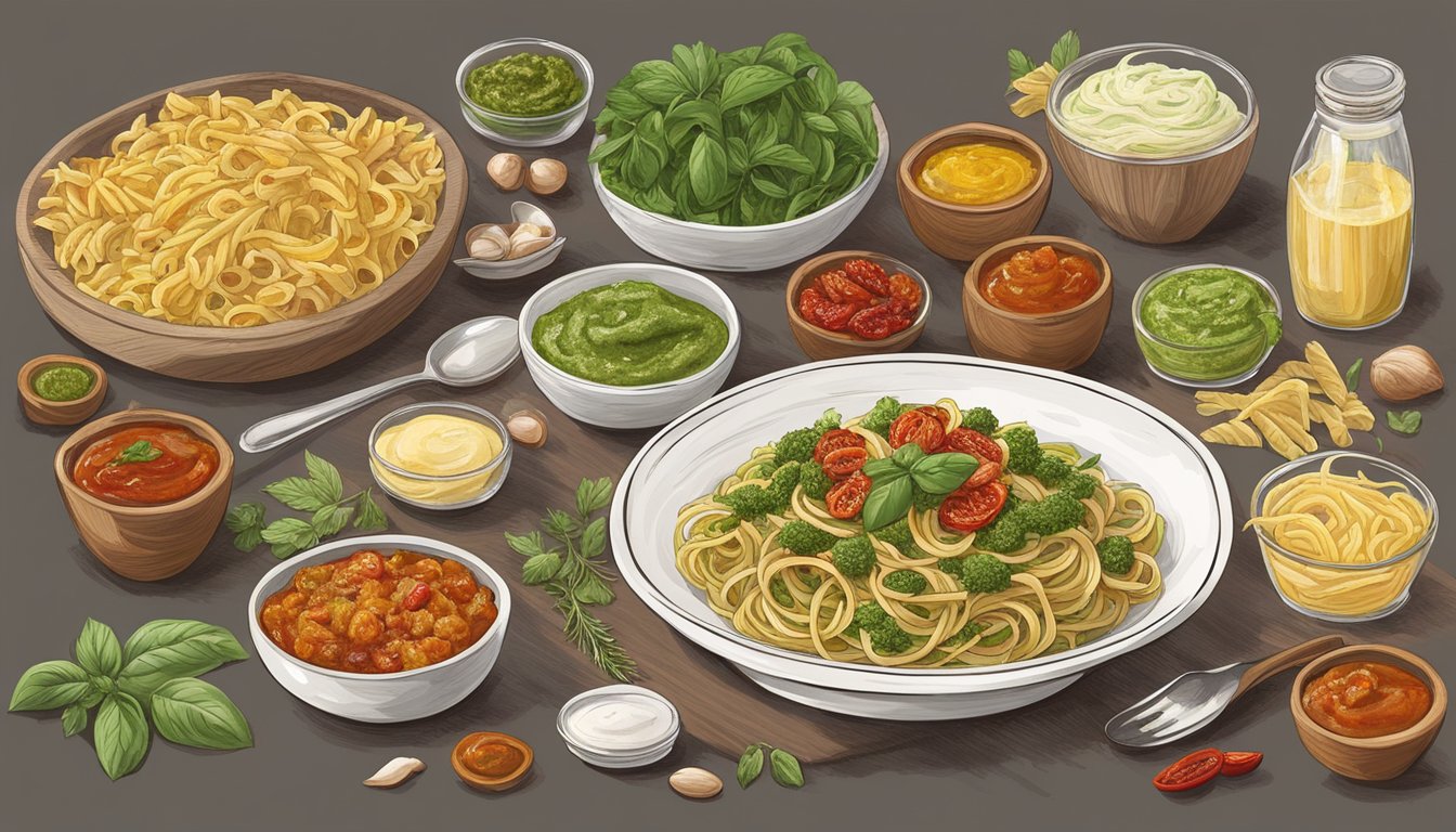 A chitarra pasta being topped with a variety of innovative sauces and toppings, such as pesto, sun-dried tomatoes, and fresh herbs, creating a visually appealing dish