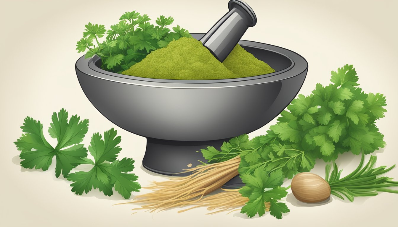 A mortar and pestle crushing various non-herbal alternatives to cilantro roots