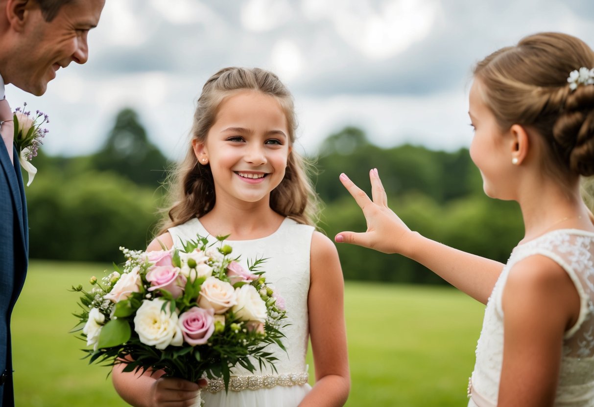 A young girl holding a bouquet of flowers and smiling, while another person gestures towards her, asking her to be the flower pal for the wedding ceremony
