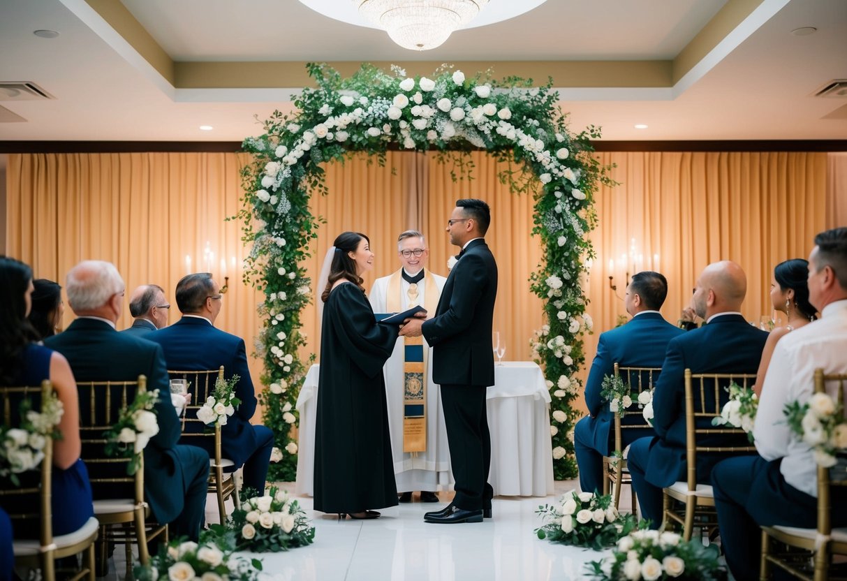 An officiant stands at the front of a decorated wedding venue, overseeing the ceremony. Guests are seated and the couple stands before the officiant
