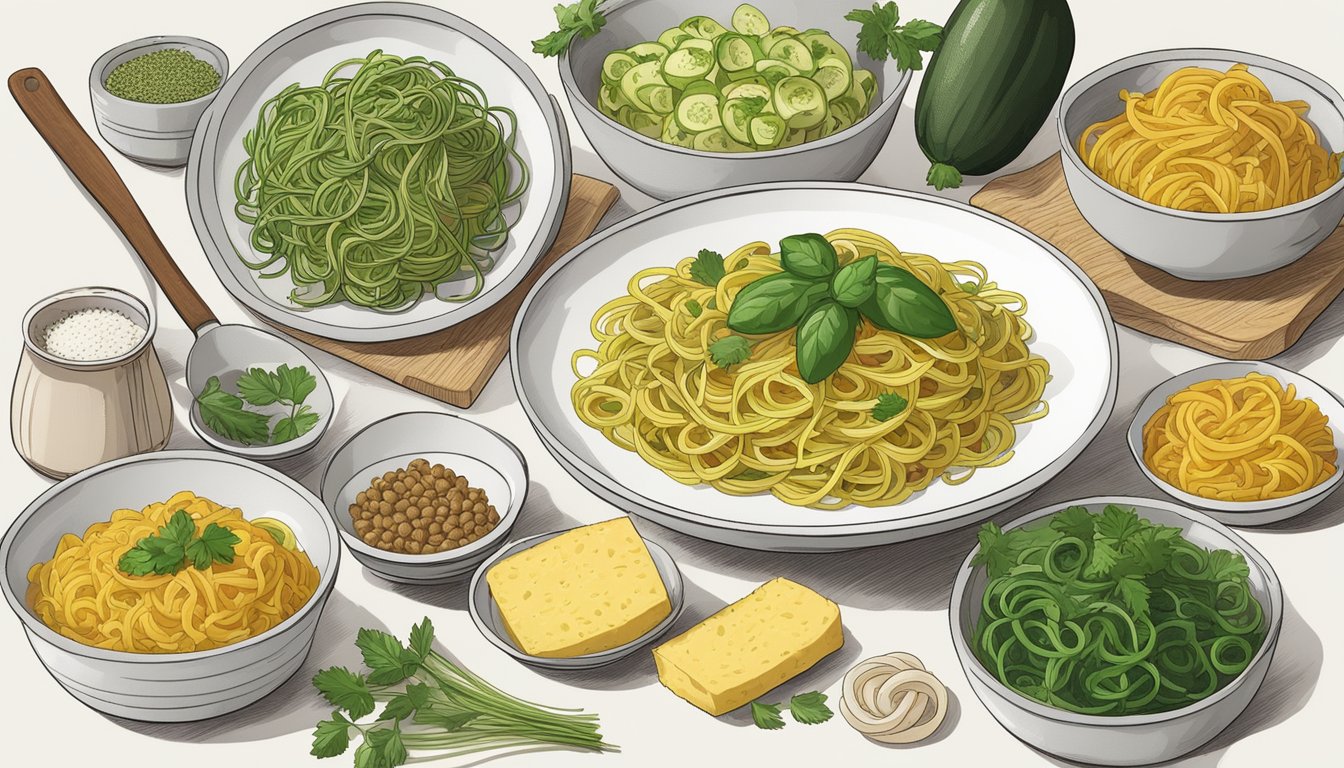 A table set with various chitarra pasta substitutes, including zucchini noodles, spaghetti squash, and lentil pasta. A bowl of fresh vegetables and herbs sits nearby