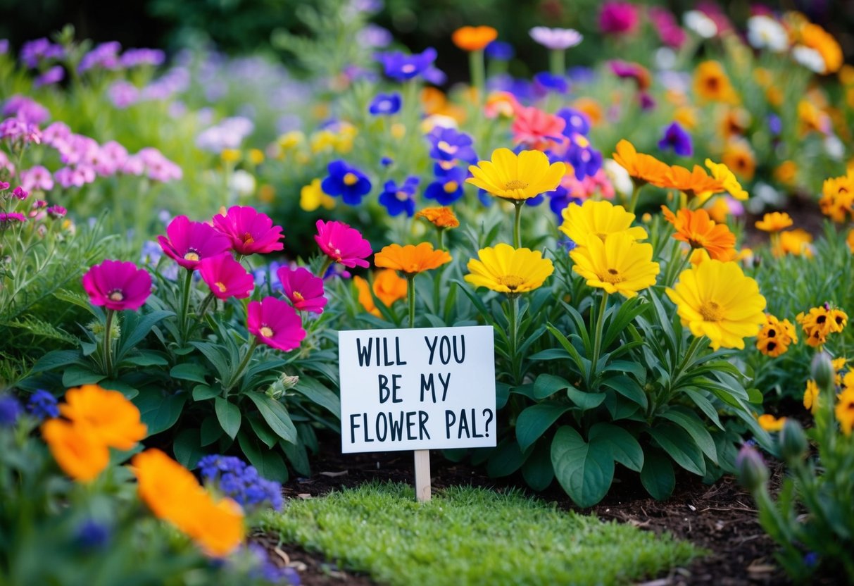 A garden adorned with colorful flowers and a small sign reading "Will you be my flower pal?" nestled among the blooms