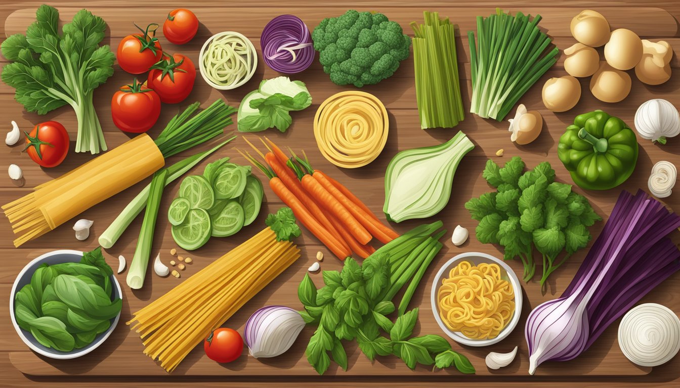 A colorful array of fresh vegetables and alternative pasta options arranged on a wooden cutting board