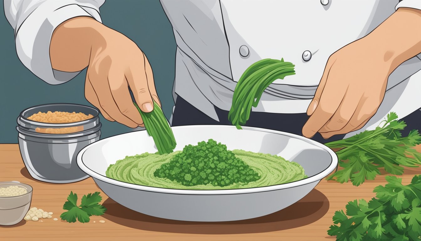 A chef grinds cilantro roots into a paste, adding it to a dish to preserve the flavor when substituting cilantro