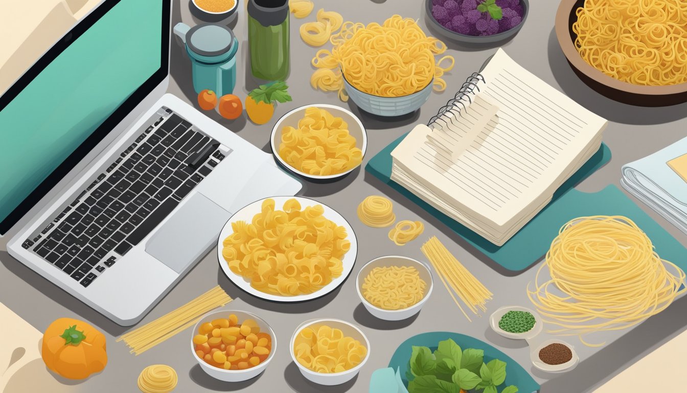 A kitchen counter with assorted pasta shapes and ingredients, a cookbook open to a recipe, and a laptop displaying online grocery options