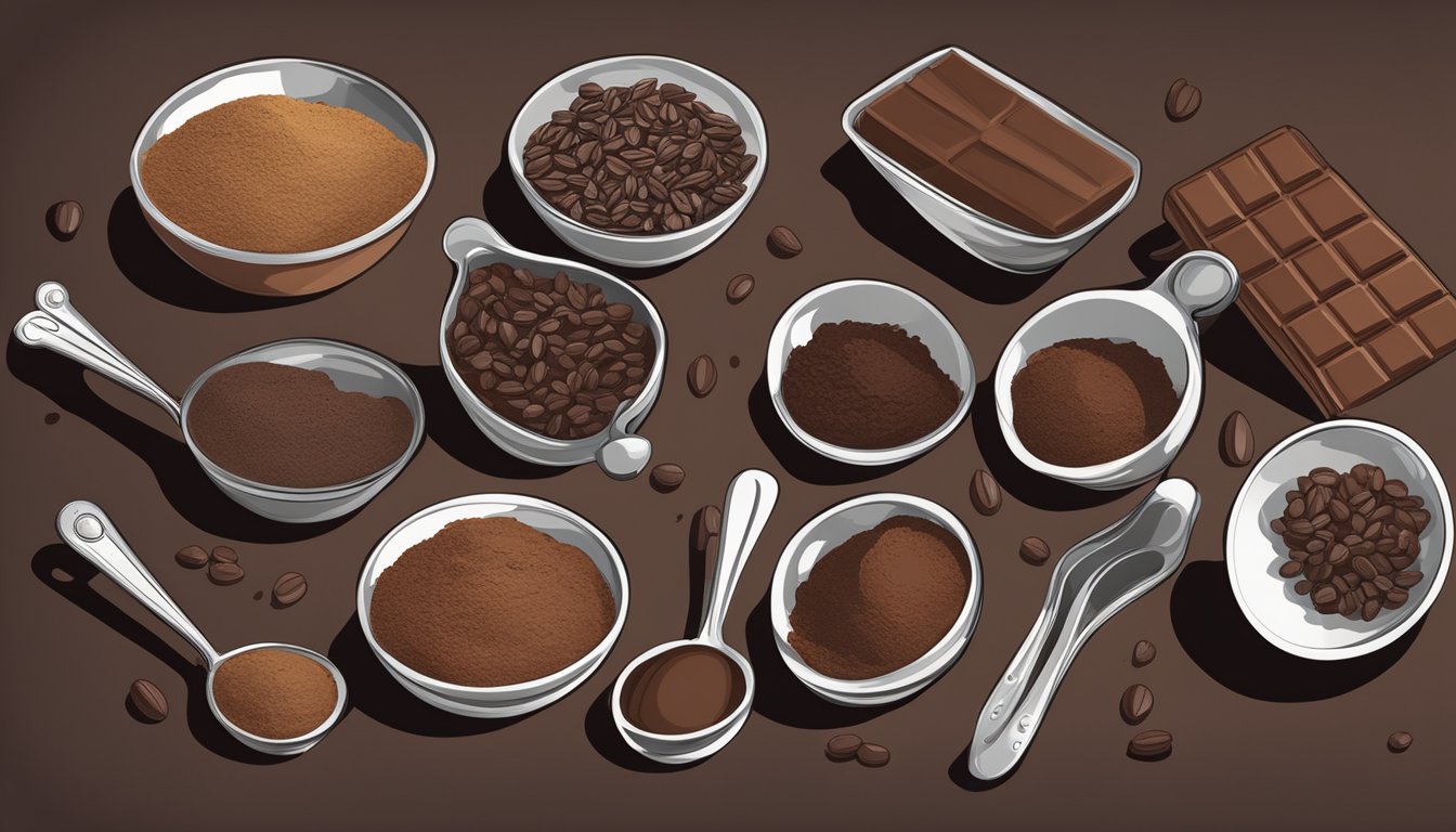 A table with various chocolate substitutes: carob, cacao nibs, and cocoa powder. A scale, measuring spoons, and mixing bowls are nearby