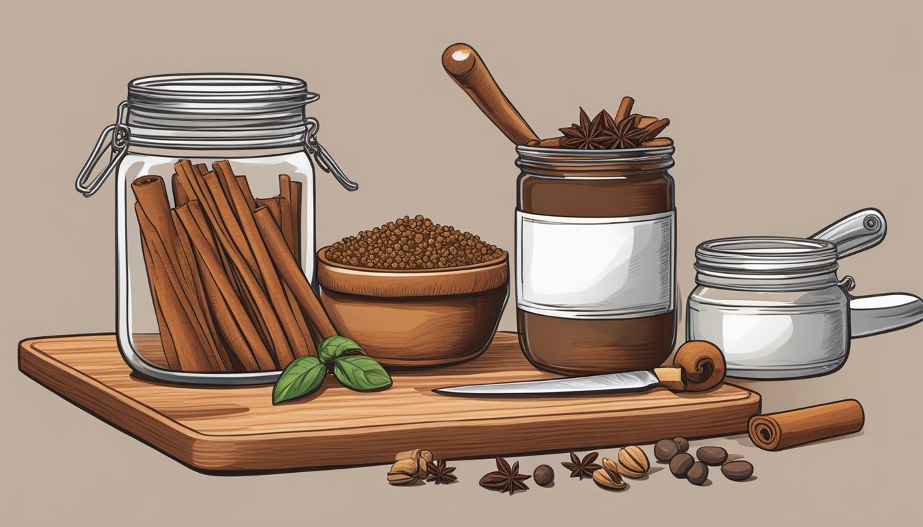 A jar of cinnamon sits next to a variety of savory ingredients, including cloves, nutmeg, and allspice. A chef's knife and cutting board are nearby