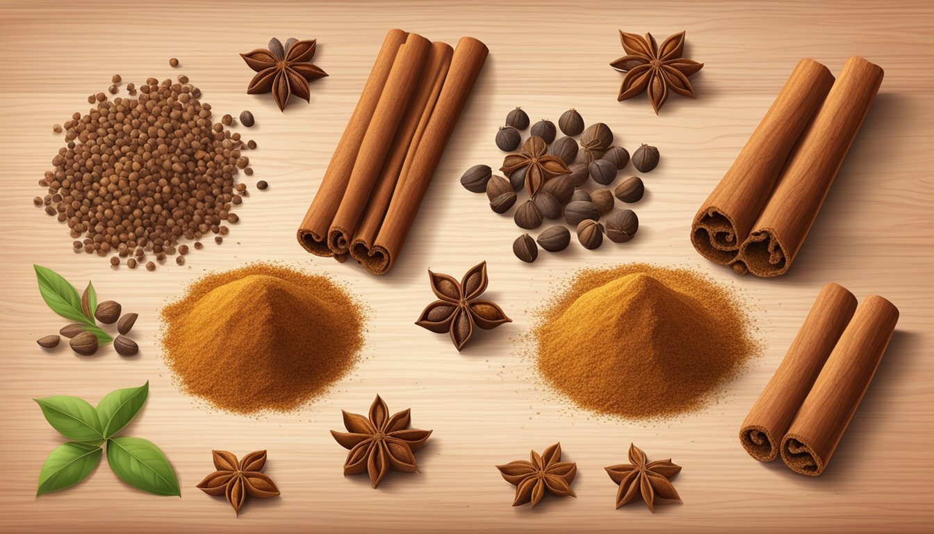 A variety of cinnamon substitutes arranged on a wooden cutting board with whole and ground spices, including nutmeg, allspice, and cardamom