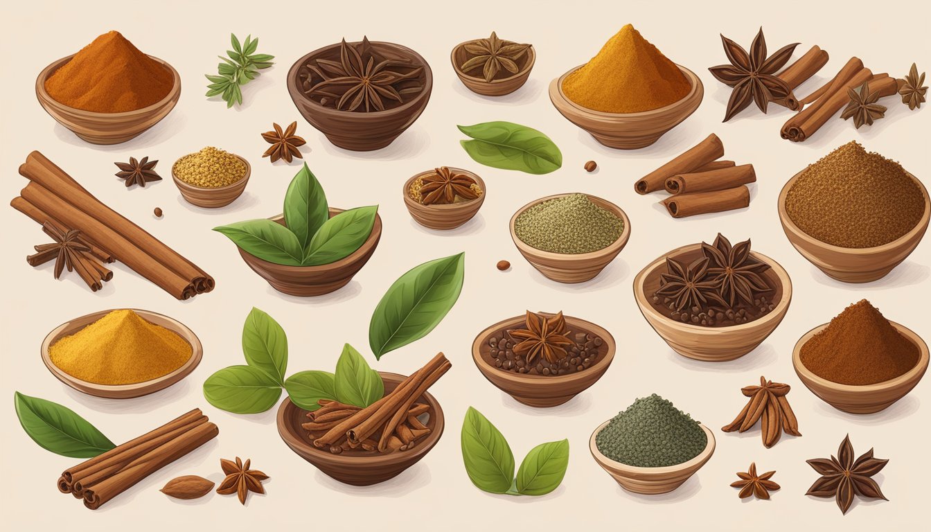 A table with various spices, including cinnamon substitutes, arranged by region