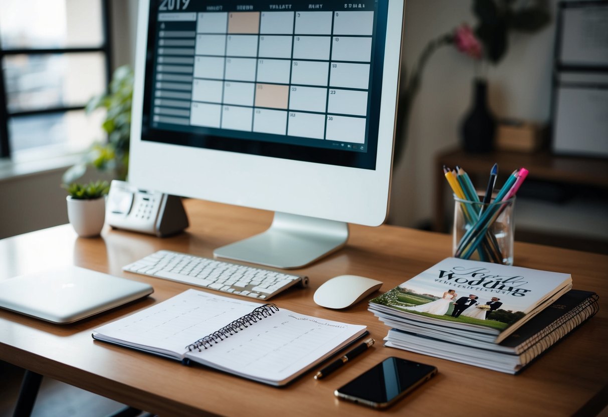 A desk with a computer, planner, and calendar. A phone and notebook sit nearby, with a stack of wedding magazines