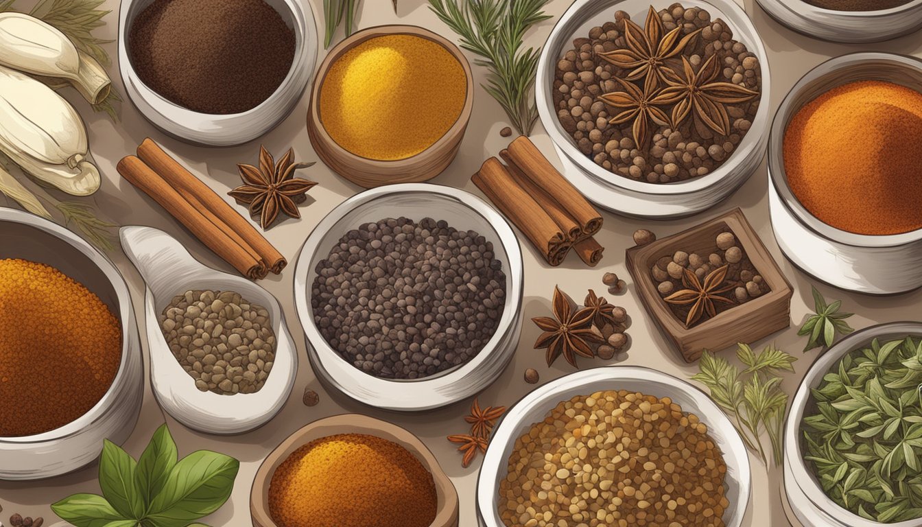 A variety of spices and herbs arranged in a kitchen, with cinnamon substitutes highlighted for flavor enhancement and pairing