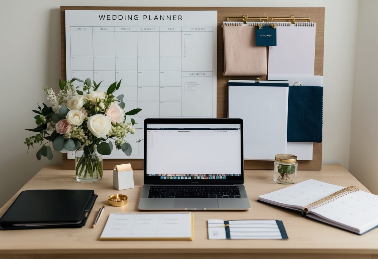 A wedding planner's desk with a laptop, calendar, client files, and a mood board with fabric swatches and floral arrangements