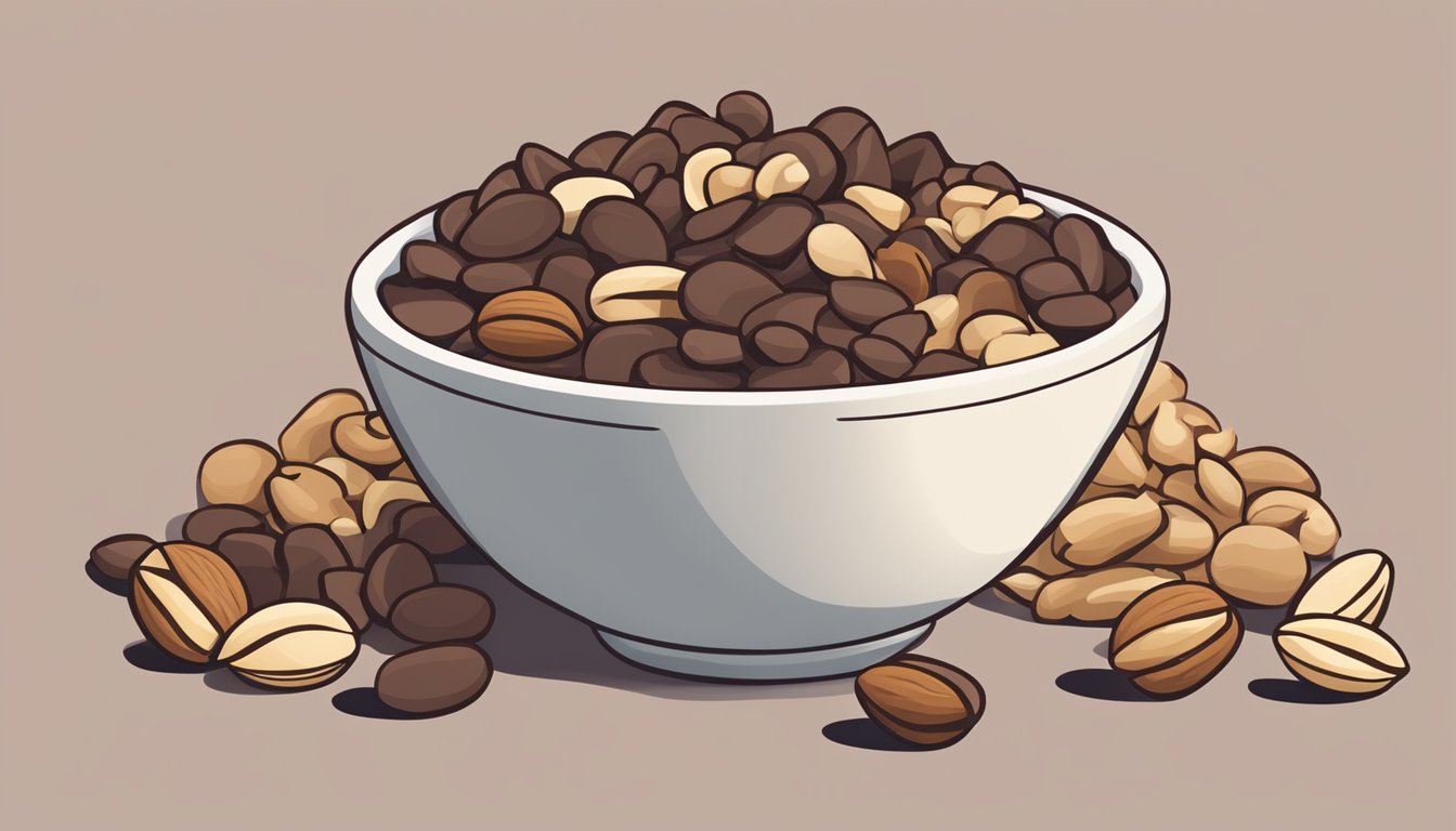 A bowl of nut-based chocolate chip alternatives next to a pile of mixed nuts