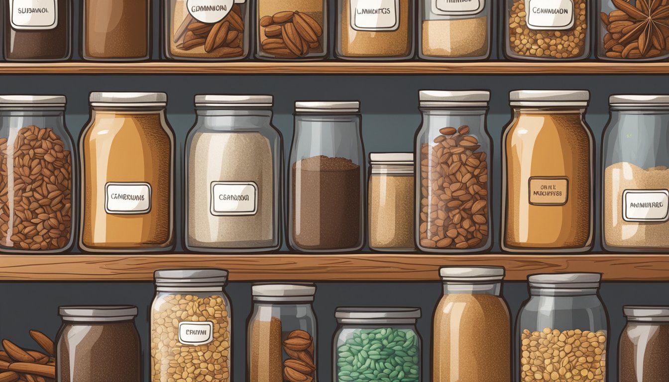 A jar of cinnamon sits next to jars of potential substitutes like nutmeg, allspice, and cardamom on a shelf in a pantry