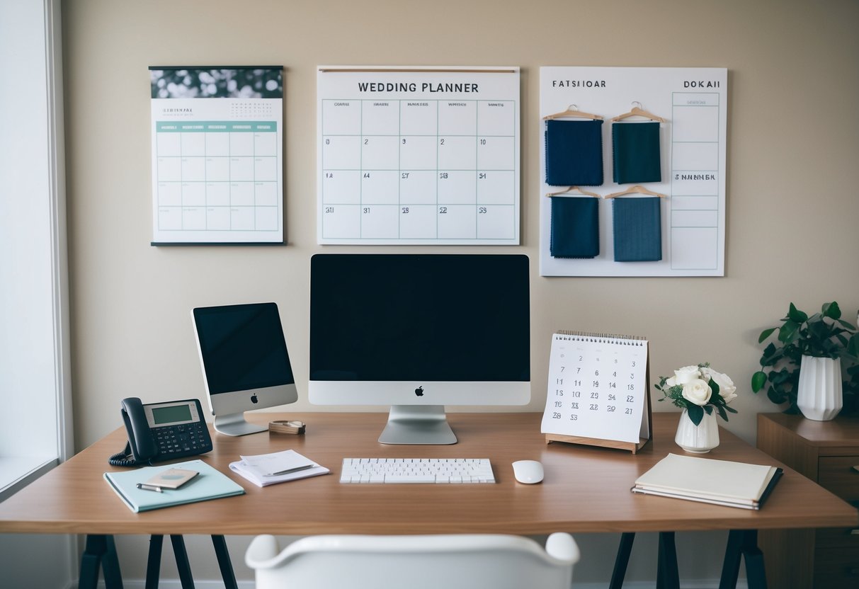 A wedding planner's office with a desk, computer, phone, calendar, mood boards, and sample fabric swatches