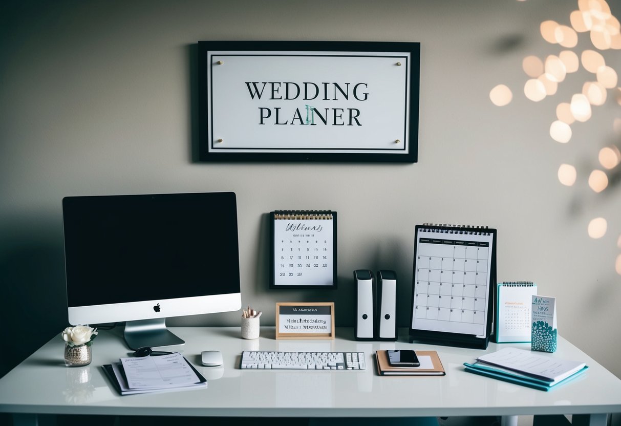 A wedding planner's desk with a computer, phone, calendar, and various planning materials. A sign with the business name on the wall