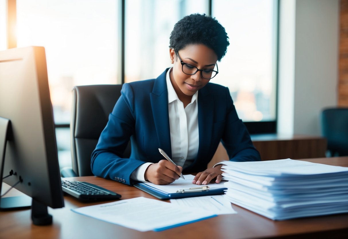 A person filling out paperwork at a desk with a computer and a stack of documents