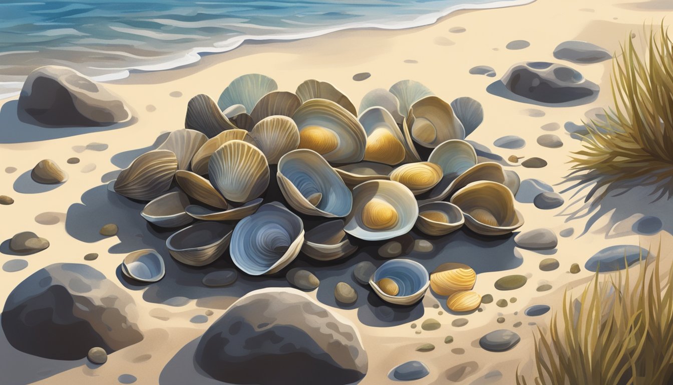 A cluster of clams nestled in the sand, surrounded by seaweed and small rocks. Sunlight filters through the water, casting dappled shadows on the ocean floor