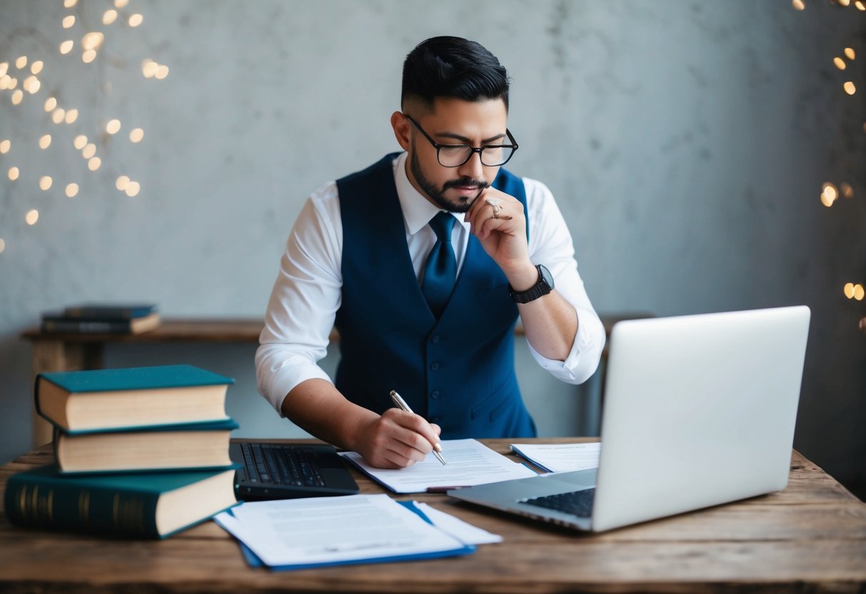 A celebrant standing at a rustic wooden table, surrounded by books, legal documents, and a laptop. They are deep in thought, calculating costs and fees
