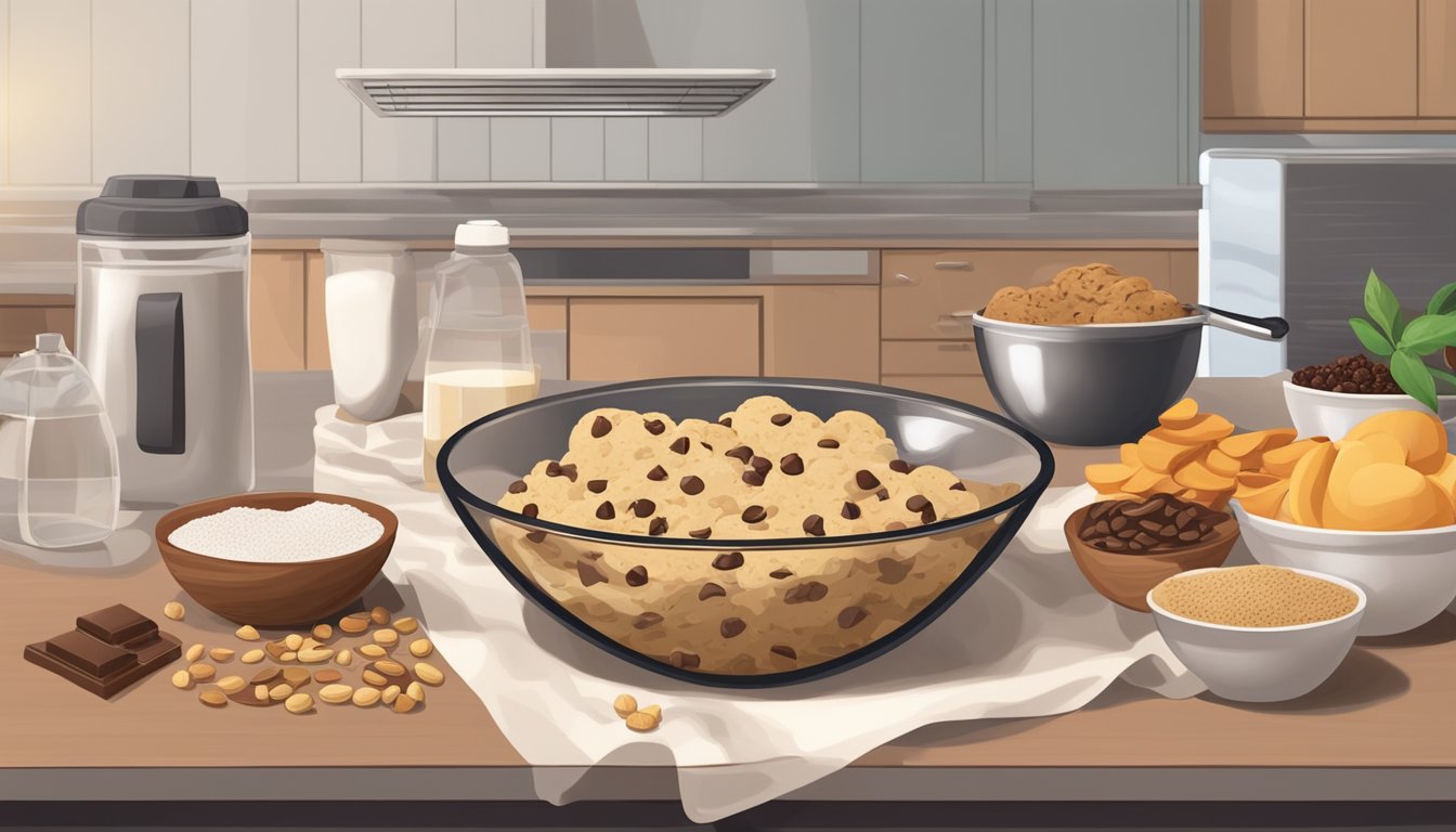 A bowl of cookie dough with various ingredients next to it on a kitchen counter. A bag of chocolate chips is being replaced with nuts or dried fruit