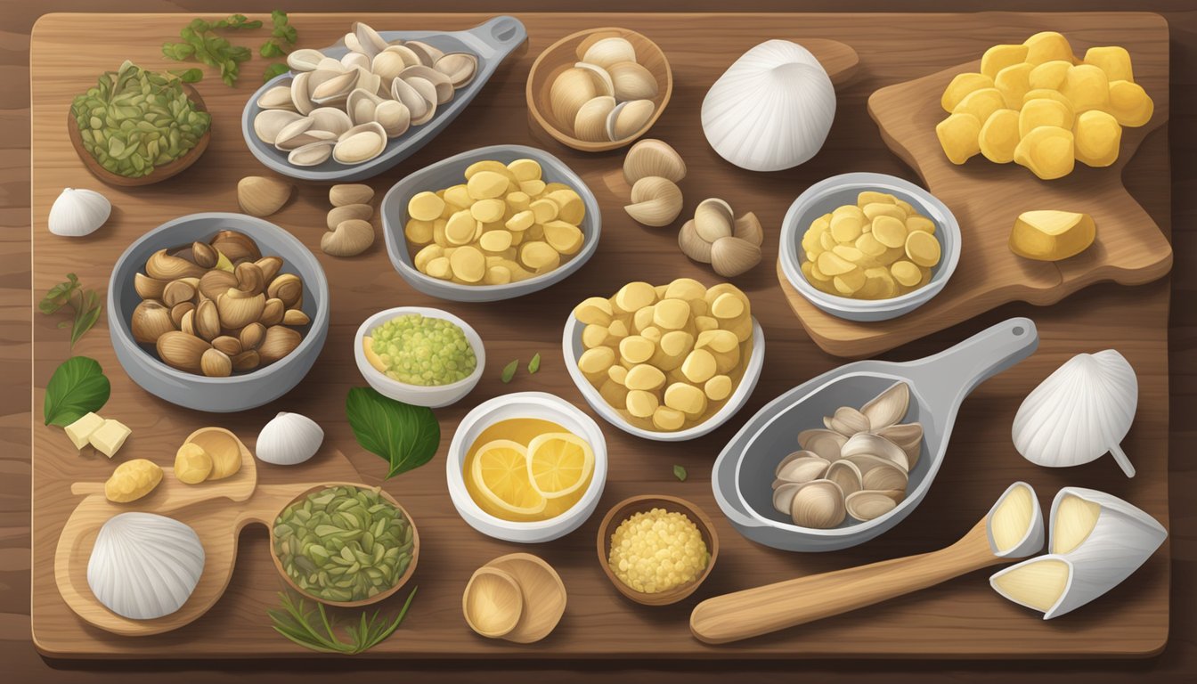 A variety of clam substitutes arranged on a wooden cutting board. Options include mushrooms, tofu, and jackfruit