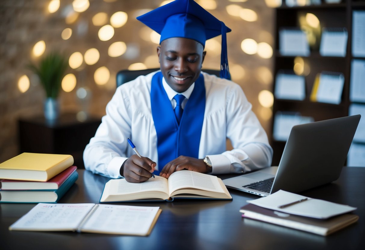 A celebrant studying at a desk with a laptop and books, surrounded by notes and a calendar