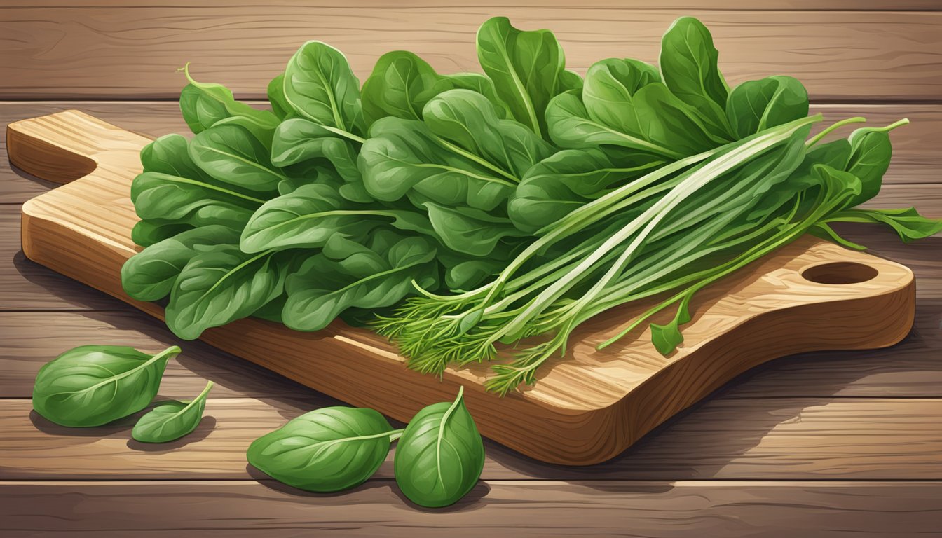 A vibrant bunch of spinach and arugula nestled next to a bunch of fresh dandelion greens on a rustic wooden cutting board