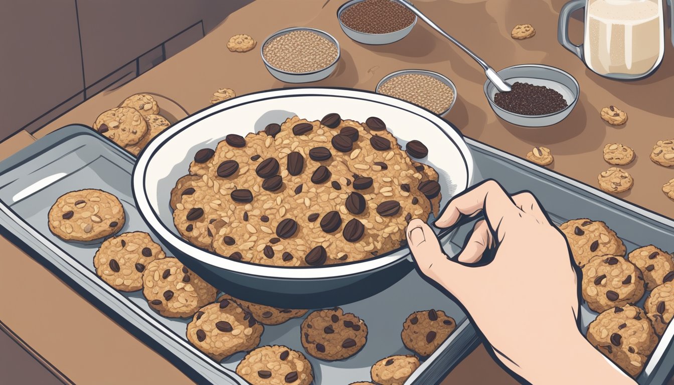 A bowl of oats, bananas, and cacao nibs sits next to a tray of freshly baked cookies, with a hand reaching for one