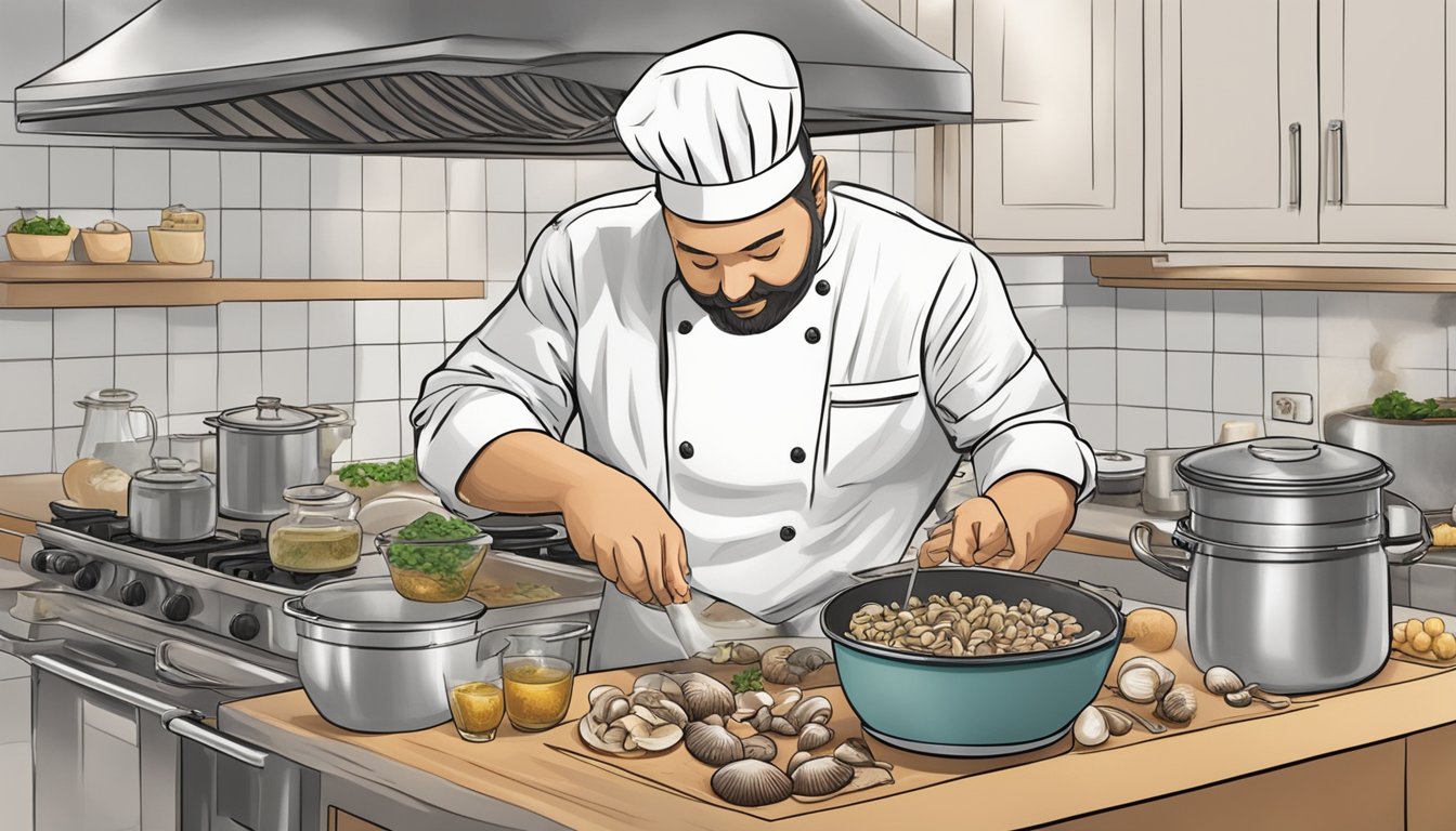 A chef adding chopped mushrooms to a pot of simmering broth, replacing clams in a recipe