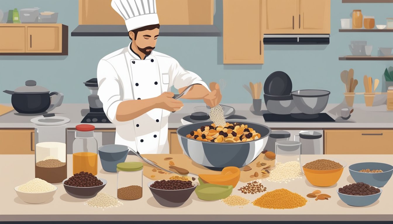 A chef mixing various ingredients in a bowl, including nuts, oats, and dried fruits, with chocolate chip substitutes on a kitchen counter