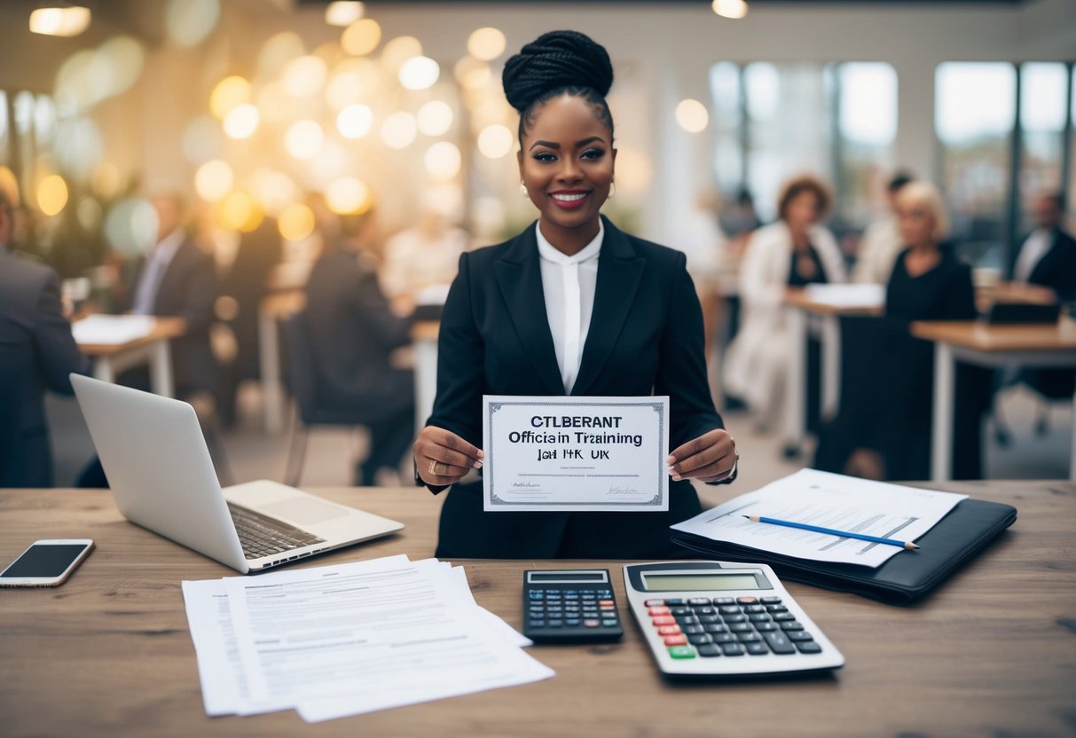 A celebrant holding a certificate in front of a laptop, surrounded by paperwork and a calculator, with a price list for officiant training in the UK
