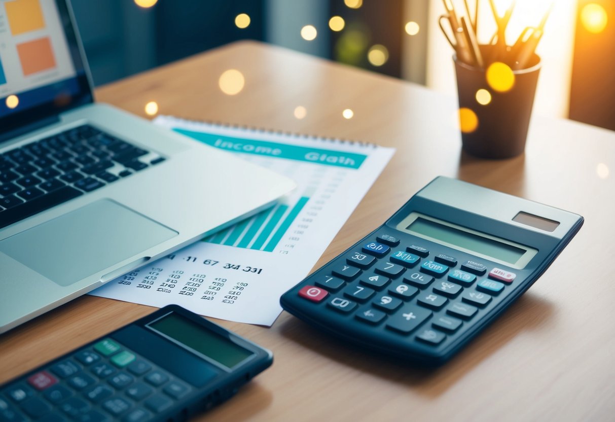 A desk with a laptop, calculator, and financial documents. A chart showing income growth. A calendar with dates marked
