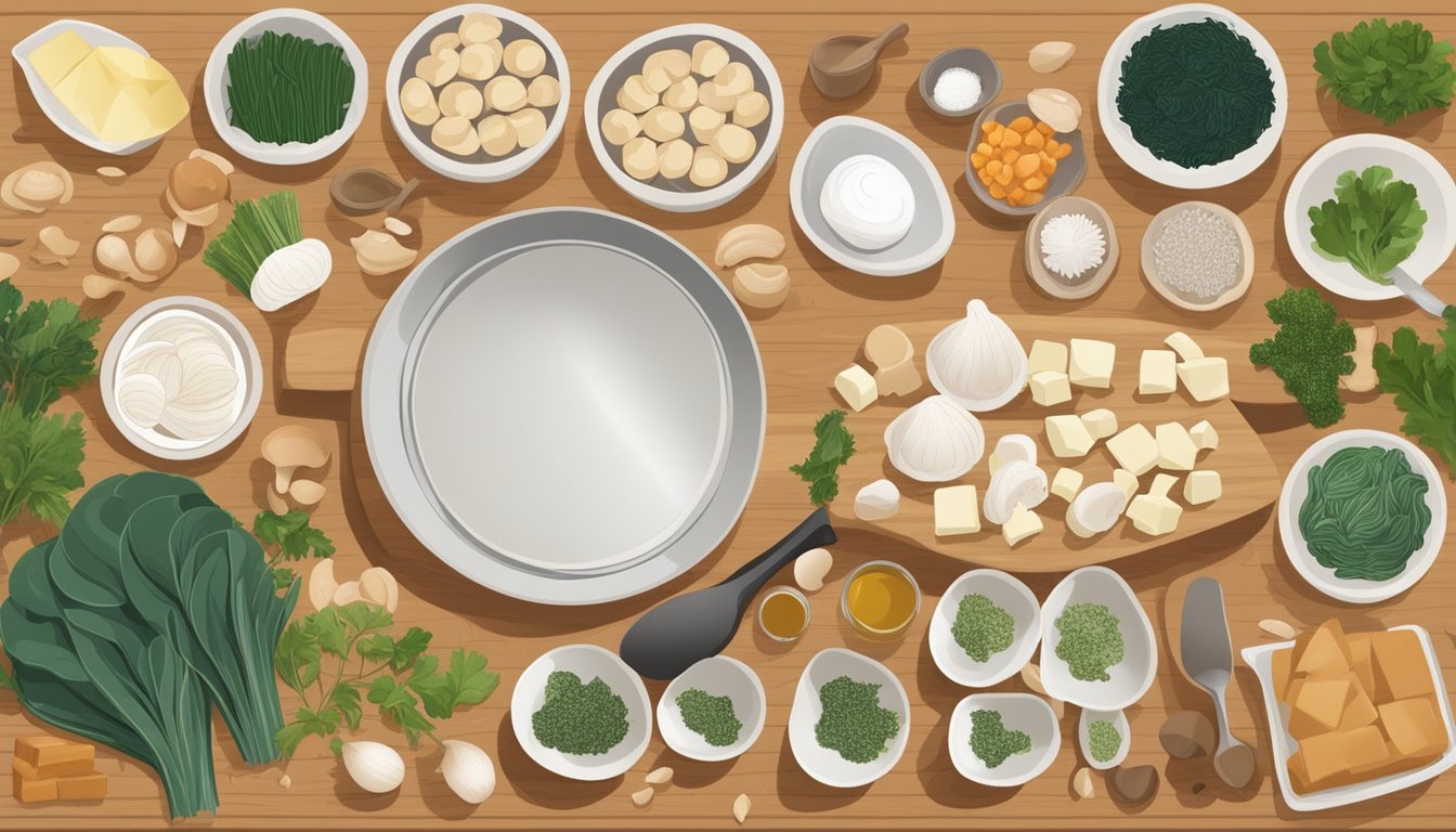 A chef preparing a dish with various alternatives to clams, such as mushrooms, tofu, and seaweed, laid out on a cutting board