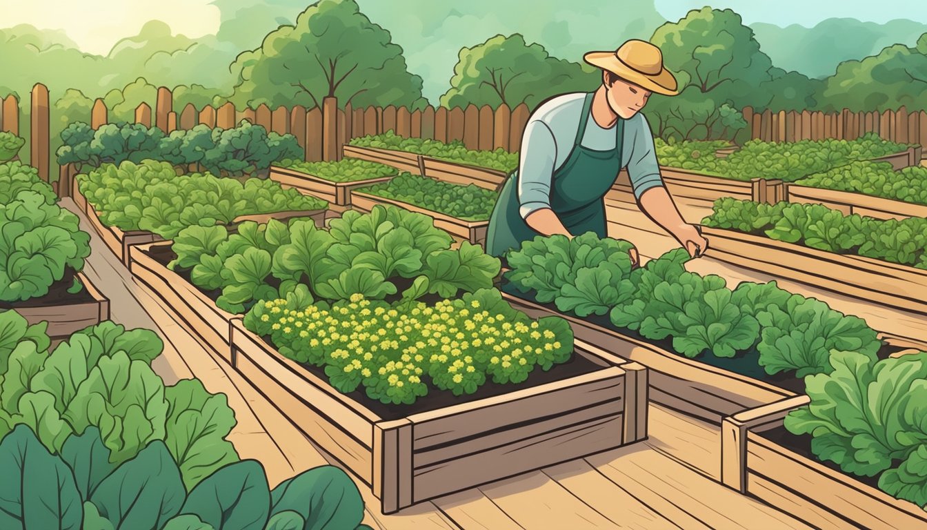 Lush garden with chrysanthemum greens, kale, and spinach growing in raised beds. A person harvests the vibrant leaves under the warm sun