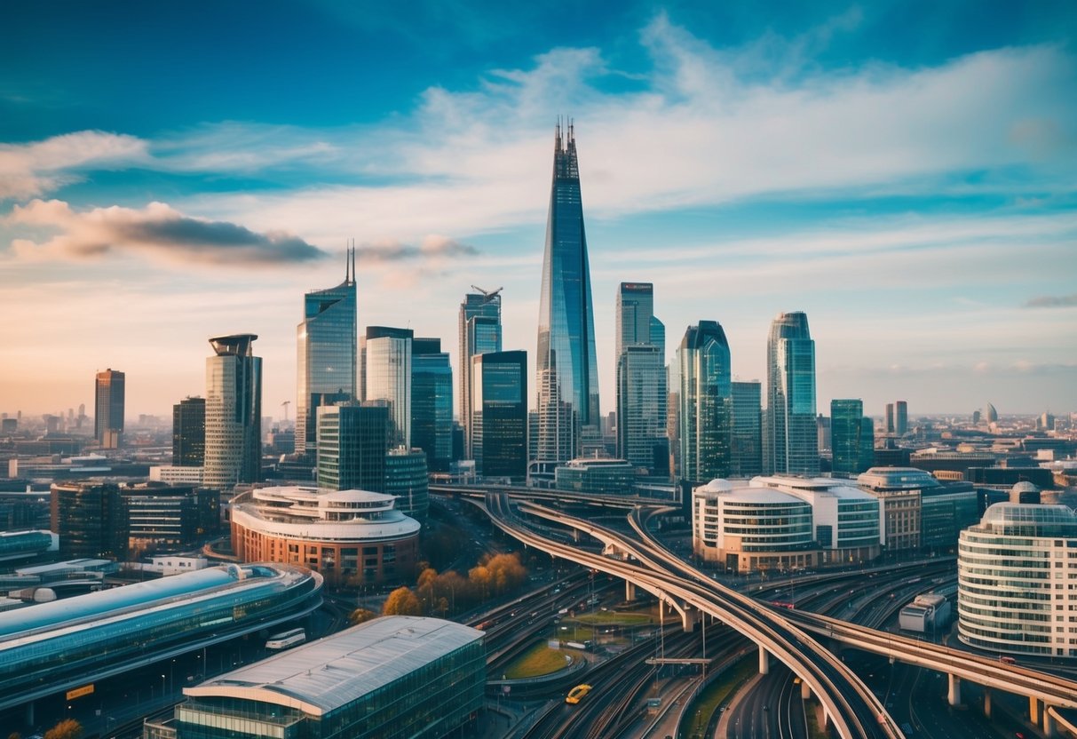 A bustling city skyline with various buildings and transportation networks, showcasing the diverse career opportunities and growth in urban planning in the UK
