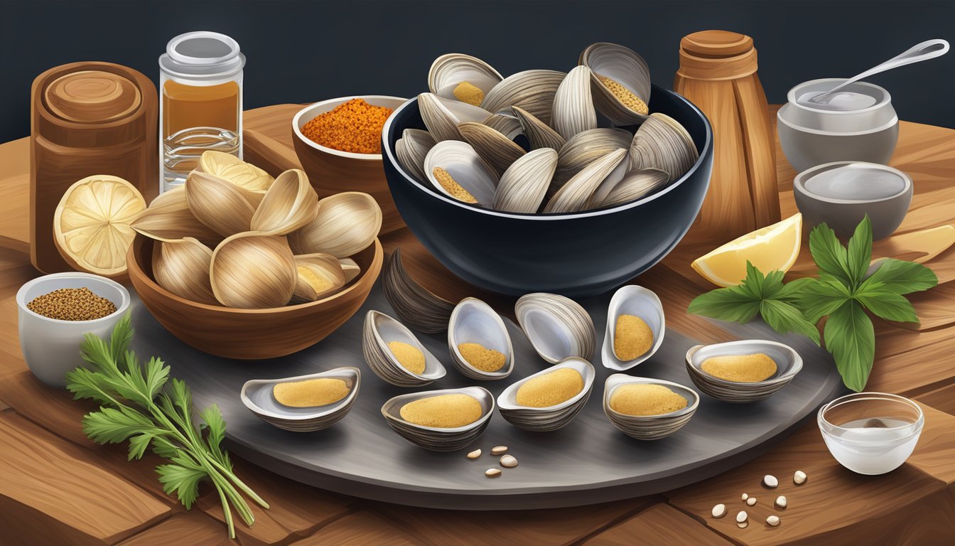 A variety of seasonings and spices arranged around a bowl of fresh clams on a wooden table