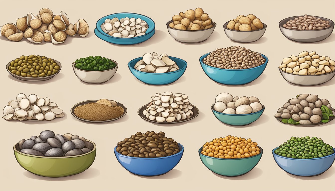 A pile of clams next to various substitute options like tofu, mushrooms, and beans for a nutritional comparison