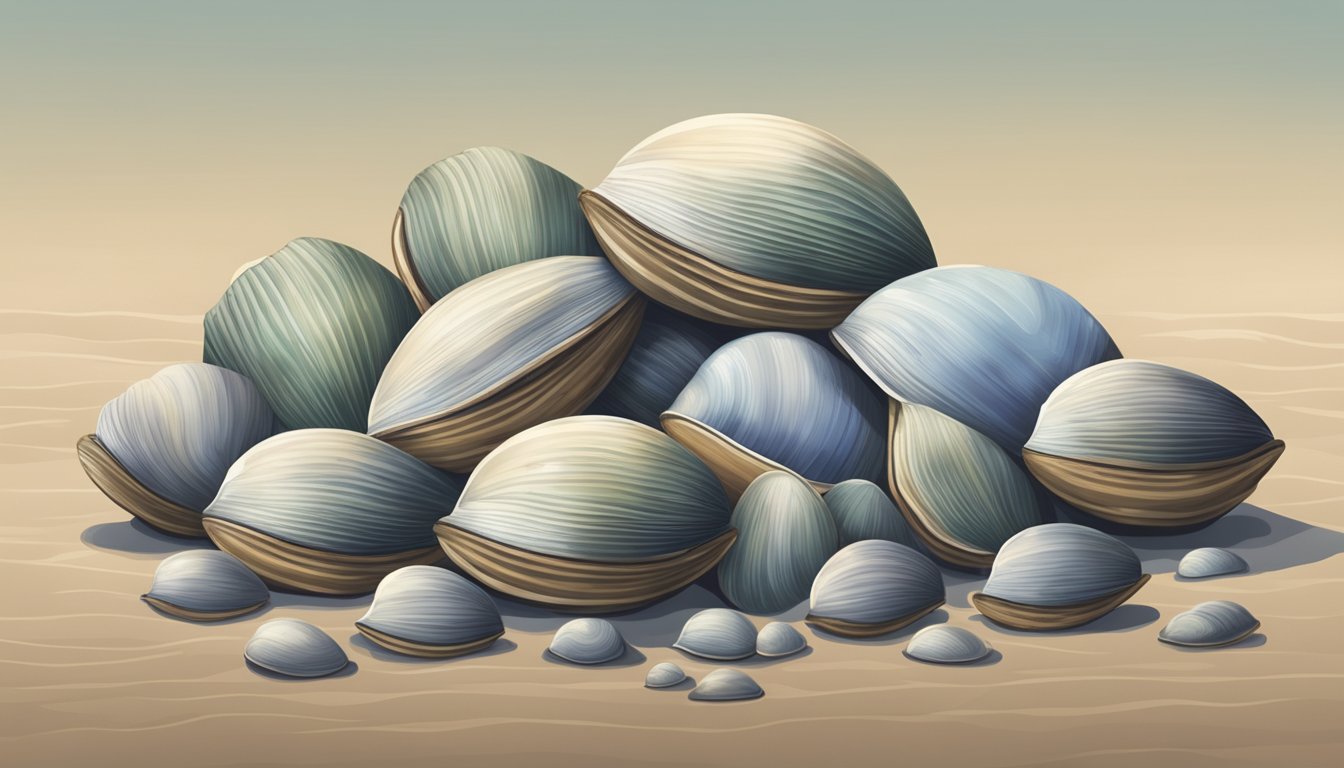 A pile of clams arranged in a neat row, with a single clam standing apart from the rest