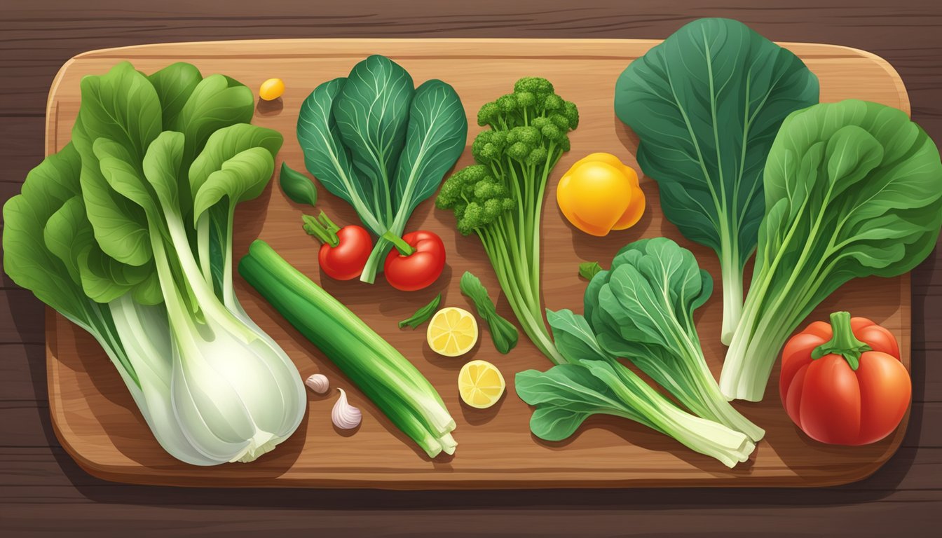 A colorful array of fresh vegetables arranged on a wooden cutting board, including bok choy, gai lan, and tatsoi