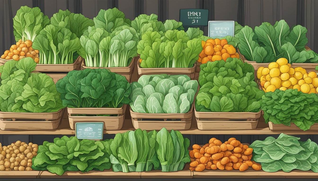 A variety of leafy greens, including choy sum, arranged in a colorful display at a market stall