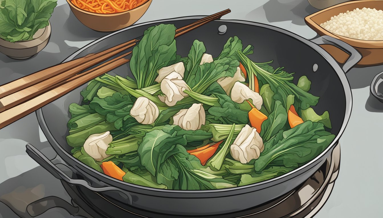 Choy sum being used as a substitute in a stir-fry dish, alongside other fresh vegetables and sizzling in a hot wok