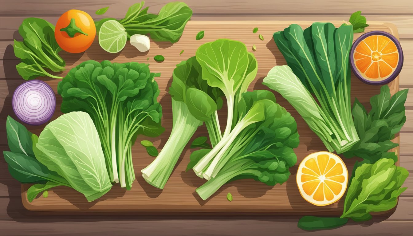 Fresh choy sum substitutes arranged on a wooden cutting board with vibrant colors and fresh green leaves, surrounded by various other leafy greens and vegetables