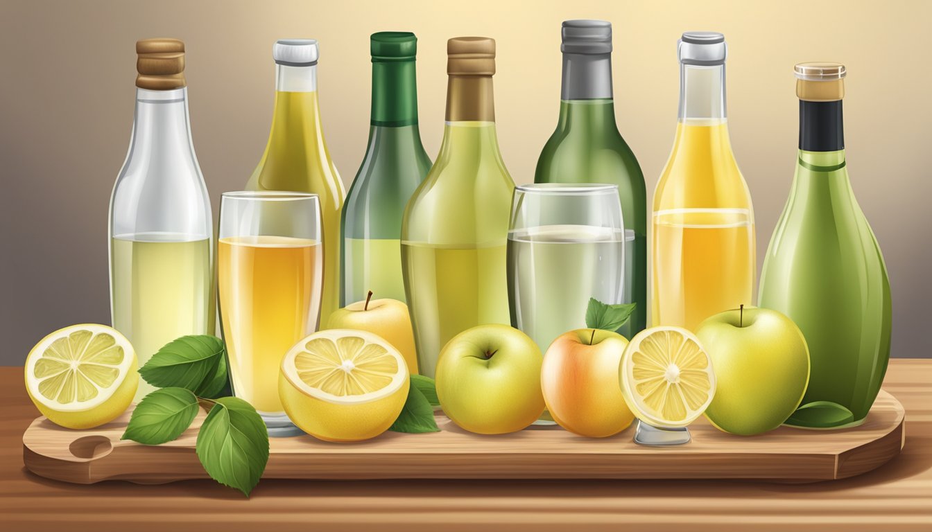 A variety of non-vinegar options, such as lemon juice, white wine, and apple cider, arranged on a wooden cutting board