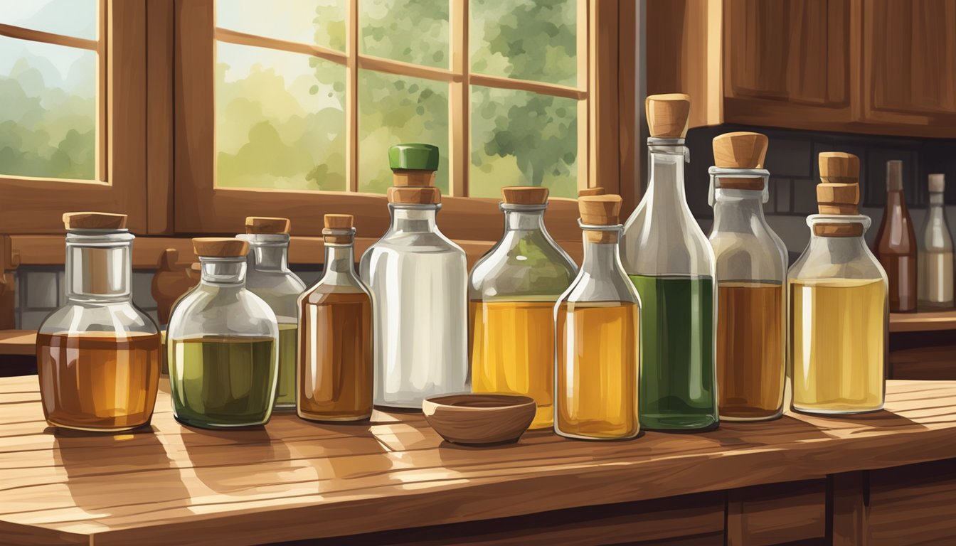 A rustic kitchen setting with various types of vinegar bottles arranged on a wooden countertop, including apple cider vinegar substitutes such as white wine vinegar and rice vinegar