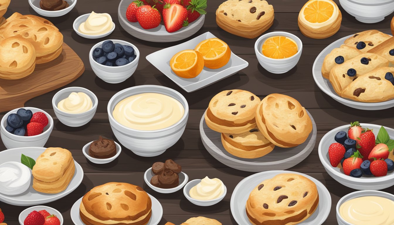 A spread of scones and pastries with various bowls of clotted cream alternatives and fresh fruits on a rustic wooden table