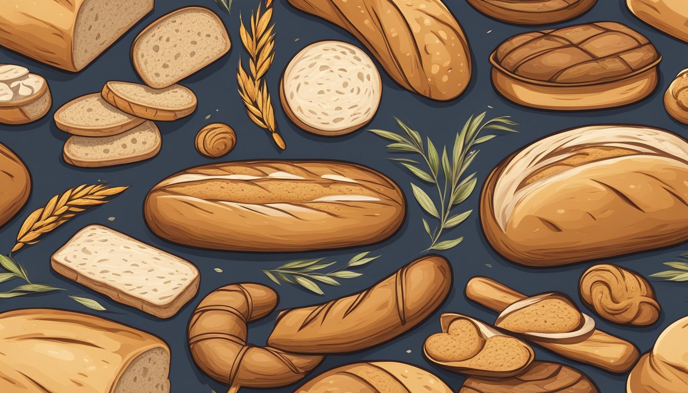 A rustic wooden cutting board with an assortment of bread loaves and rolls, including baguettes, sourdough, and focaccia