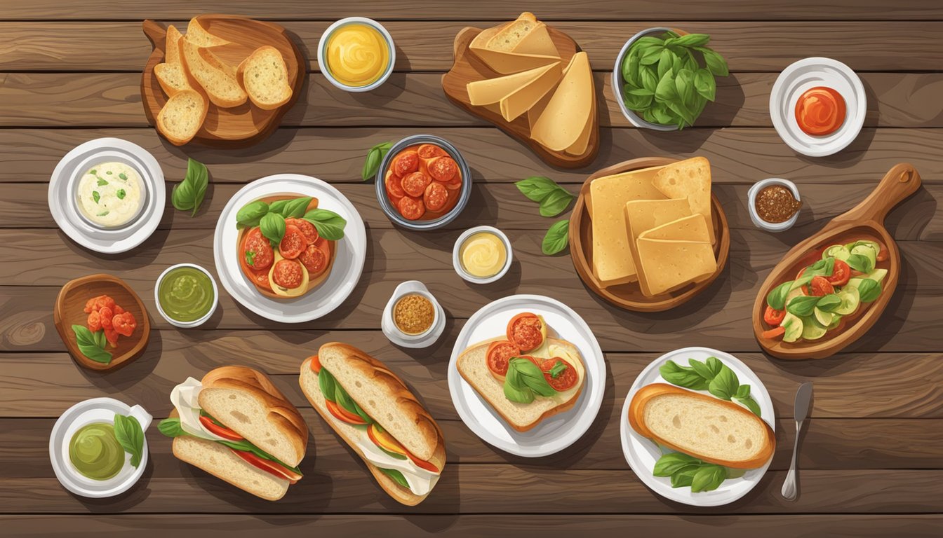 A rustic wooden table with a variety of dishes, including sandwiches and bruschetta, served with ciabatta bread substitutes